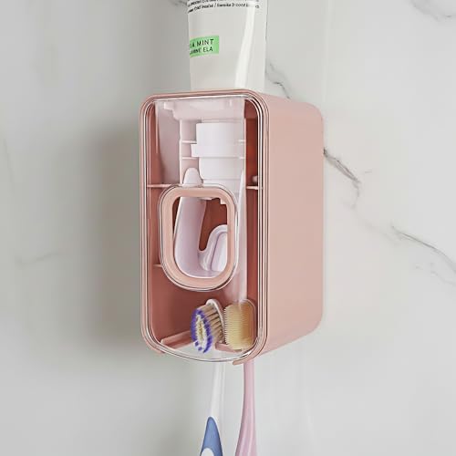 2 Slot Toothbrush Holder and Toothpaste Dispenser Wall Mounted Automatic Toothpaste Squeezer 2 in 1 Tooth Brush Toothpaste Organizer for Shower (Pink)
