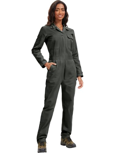 WORK IDEA Langärmeliger Damen-Overall – Arbeits-Jumpsuits, Twill-Aktions-Rücken und praktische Taschen mit Haken, Grün (Army Green), Small