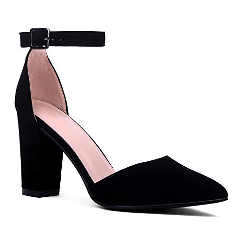 Women Ankle Strap D'Orsay Pointed Toe Block Heel Pump