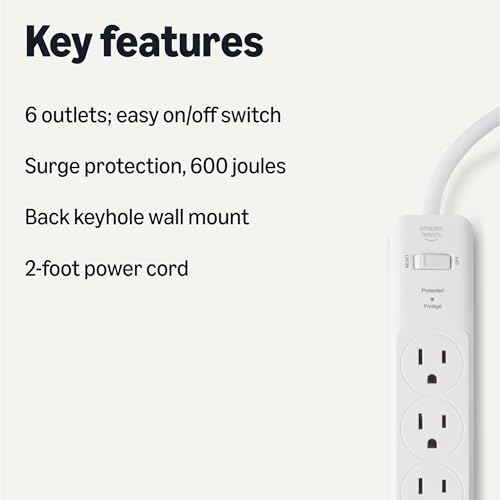 Image of Amazon Basics Rectangle 6-Outlet Surge Protector Power Strip with Circuit Breaker, 600 Joule, 2ft Cord, White, 2-Pack