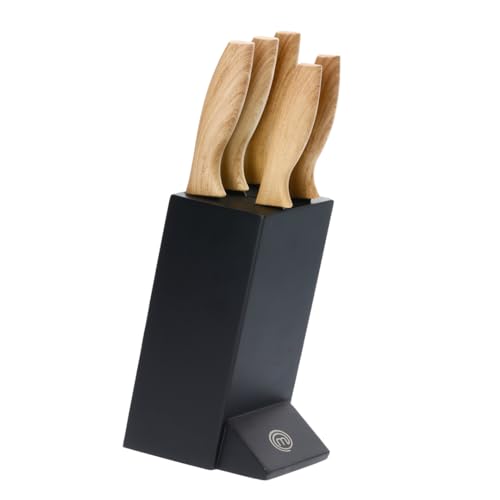 MasterChef Juego de Cuchillos de Cocina con Soporte Taco Madera con Set para Pan, Cebollero, Chef, Carne y Pelar, en Acero Inoxidable, 5 Piezas, Tacto Suave