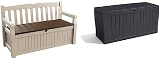 Keter Eden Bench Outdoor Storage Box Garden Furniture, Beige and Brown, 140 x 60 x 84 cm & Marvel+ 270L Garden Storage Box - Graphite Grey