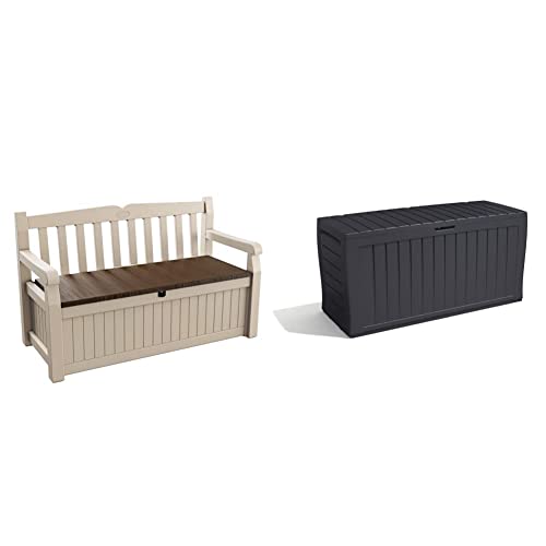 Keter Eden Bench Outdoor Storage Box Garden Furniture, Beige and Brown, 140 x 60 x 84 cm & Marvel+ 270L Garden Storage Box - Graphite Grey