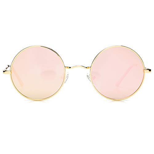 Coasion John Lennon Retro Small Round Polarized Sunglasses Circle Uv400 Sun Glasses (Gold Frame/Pink Mirror Lens) #TOP3
