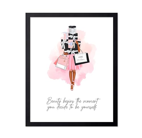Image of Poster Master Lady with Shopping Bags Poster - Fashion Print - Trendy Art - Modern Art - Gift for Women & Fashionista - Luxury Haute Couture Decor for Bedroom or Girl's Room, 11x14 Black Framed