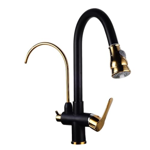 Robinet de cuisine 3 voies noir et or avec douchette extractible pour eau filtrée