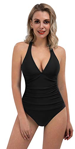 ESPIDOO Women\'s V Neck One Piece Swimsuit Athletic Training Swimwear Bathing Suits, L