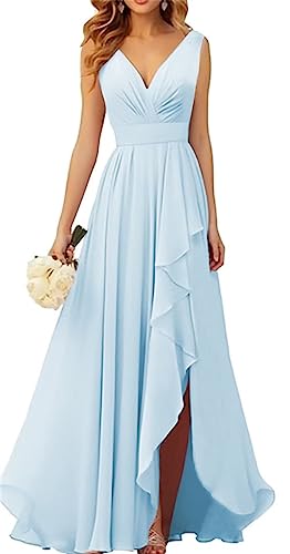 WSEYU V-Ausschnitt Chiffon Brautjungfer Kleider für Hochzeit Lange Formale Abendkleid mit Rüschen Schlitz, hellblau, 52