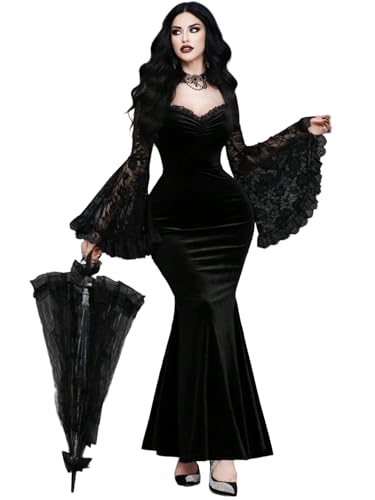 GothDark Gothic Dresses for Women Black Velvet Lace Mermaid Bell Sleeve Sweetheart Neckline Sexy Halloween Long Dress
