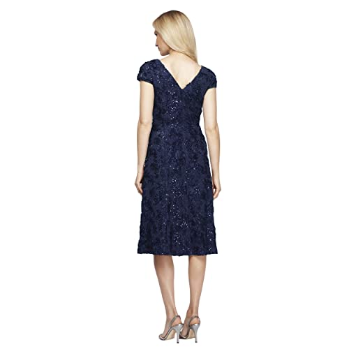 Alex Evenings Women's Tea Length Cap Sleeve Rosette Dress (Petite And Regular), Navy, 14 #TOP4