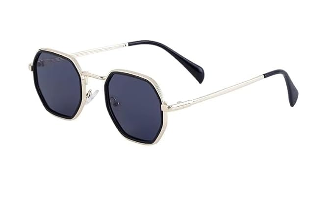 Desire Unisex Hexagon Round King SRK Choice Sunglasses, Gold Metal Frame, Black Lens, UV Protection Goggles-image-42