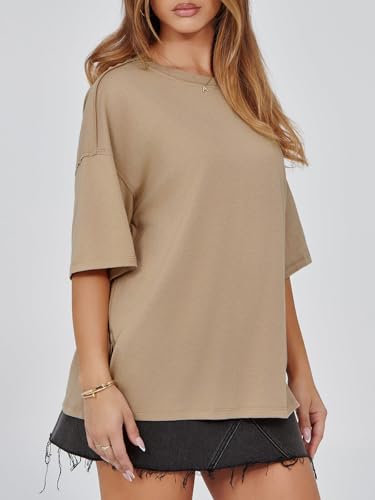 Image of Tankaneo Womens Oversized Tshirts Summer Casual Short Sleeve Crew Neck T Shirt Loose Fit Side Slit Tee Tops