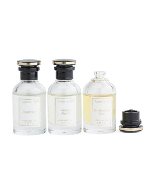 Sand and Fog Eau De Perfum Oil Set, 3 Piece Collection, Innocence, Vanilla Musk, Marshmallow Skies, 0.25 Oz Bottles