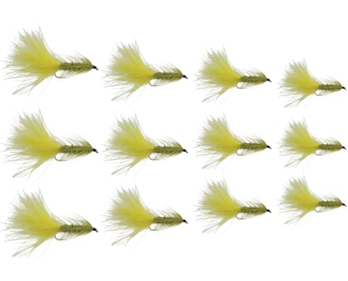 Feeder Creek Fly Fishing Flies | Woolly Bugger Flies, 12pc Flies for Fly Fishing | Trout Flies and Bass Flies | 4 Size Fly Fishing Assortment | Streamer Flies (Olive and Yellow)