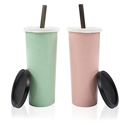 LIUCONGBD 2PCS Reusable Cups with Straw and Lid, Coffee Tumbler Travel Mug for Adults, Lightweight Drinking Cup for Home School Office Outdoor 15oz/450ml(Pink, Green)
