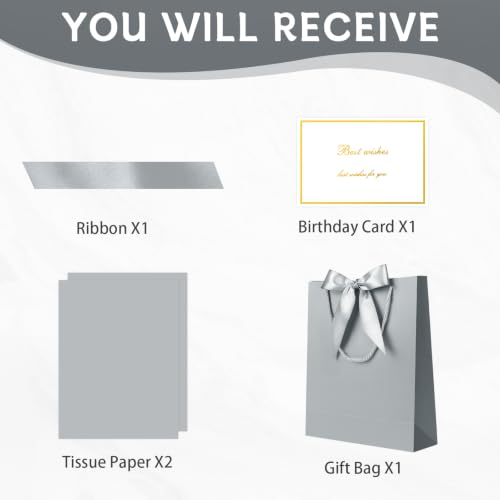 Image of JMANNI Gift Bag, 1PCS Gift Bags with Ribbon and 1 Greeting Cards 2 Tissue Paper, Portable Paper Gift Bag with Handles, Birthday Gift Bags,Present Bags for Wedding Party Mothers Day(Silver)