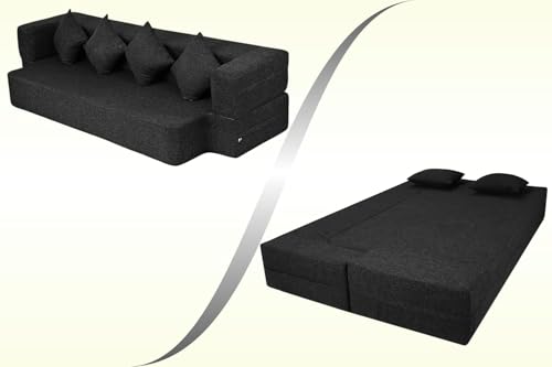 Image of Rosebell Flipper 3 - Seater | 70 X 46 X 9 | Foldable C-Type Sofa Cum Bed with Jute Washable Fabric Four Cushions - Black Color