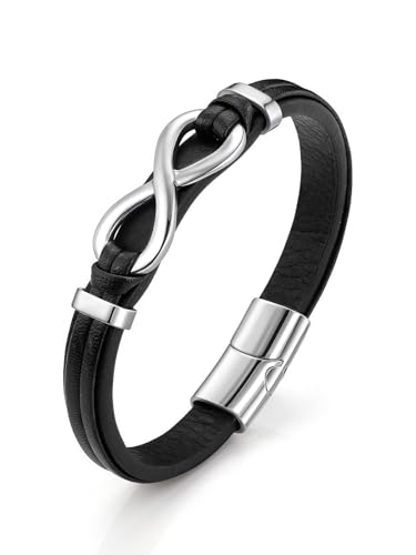 PiercingJak Bracelet Gourmette en Cuir pour Homme - Bracelet Acier Inoxydable avec Symbole Infini - Boucle Magnétique - Cadeau pour Homme d'Anniversaire de...