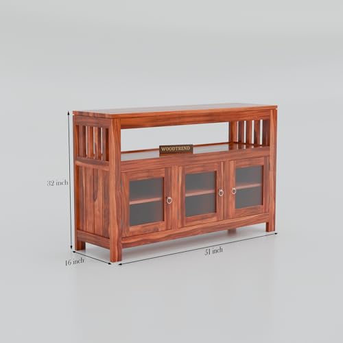 Image of Solid Wood Sideboard Cabinet for Living Room | Wooden Storage Cabinet with Acrylic Glass Doors & Open Shelf (Honey Finish)
