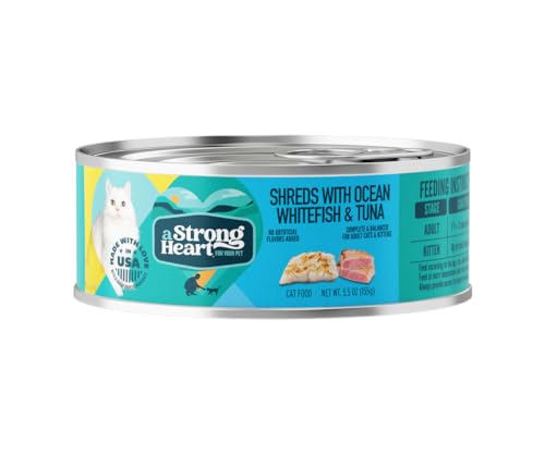 Image of A Strong Heart Canned Wet Cat Food, Shreds with Ocean Whitefish & Tuna - 5.5 oz Cans (Pack of 24), Made in The USA with Real Ocean Whitefish & Tuna