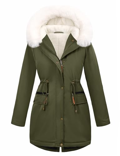 UMIPUBO Women's Winter Parka Fleece Lined Jacket Thicken Puffer Coat with Removable Fur Trim Warm Anoraks Outwear with Hood(Military Green,L)