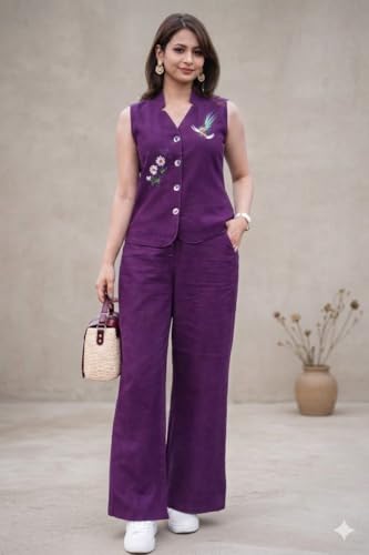Image of Lyssa Yellow Ember Embroidered Co-Ord Set for Women, Sleeveless Vest with Wide-Leg Trousers