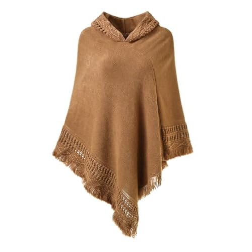 Ferand Ladies' Hooded Cape with Fringed Hem, Crochet Poncho Knitting Patterns for Women One Size Camel