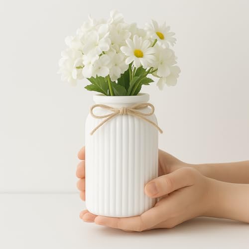 Image of Plastic Ribbed Decorative Vase with Jute Rope Top | Ceramic Look, Unbreakable Flower Pot for Centre Table, Balcony & Living Room Decor | Only Vase (No Flower) (White)