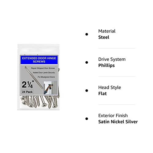 Satin Silver Nickel Finish Wood Screws 9 X 2-1/4 Inch – Extra Long Steel Door Hinge Screws - Door Security Screws - 24 Pack #TOP4