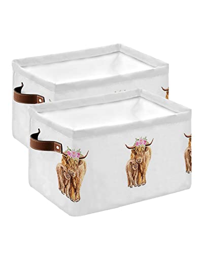 Storage Basket Highland Cattle Yak Cow With Flower Storage Bin With Handles, Animal Art On White Collapsible Organizer Storage Cubes Bins For Closet, Laundry Clothes, Bathroom, Nursery Toys #TOP20