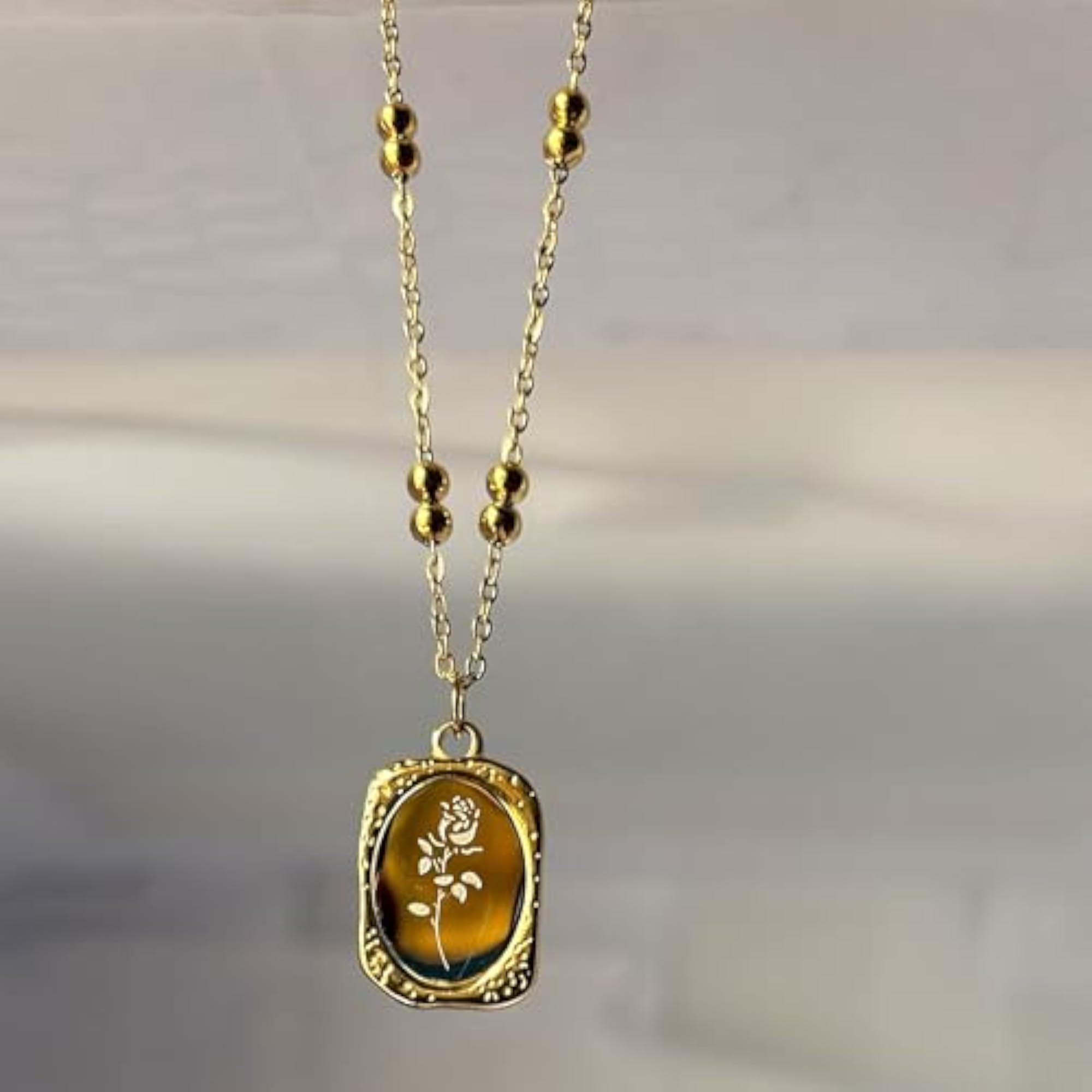 Vintage Rose Pendant Necklace with Enamel Medallion