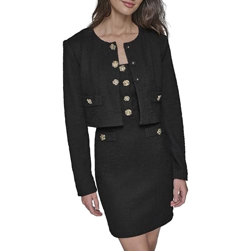 Image of Karl Lagerfeld Women's Long Sleeve Gold Buttoned Cropped Tweed Jacket