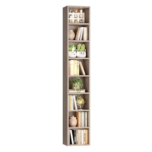 FOTOSOK 8-Tier Media Tower Rack, 11.6 X 9.3 X 70.9 Inches CD DVD Slim Storage Cabinet with Adjustable Shelves, Tall Narrow Bookcase Display Bookshelf for Home Office, Oak