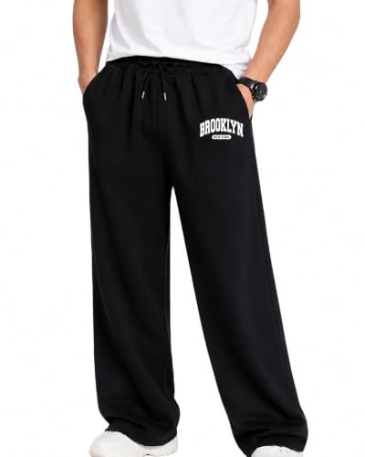 Image of Brooklyn New York Graphic Wide Leg Sweatpants, Black, Drawstring Elastic Waist with Pockets