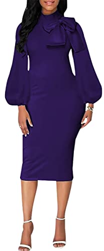 Sexy Long Sleeve Dress for Women Solid Color Bow Knot Turtleneck Formal Gown Midi Casual Church Dresses