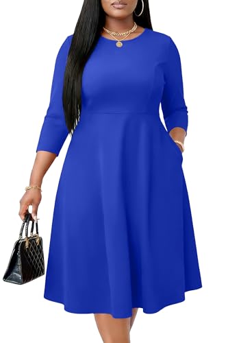 Image of Runwind Women's Plus Size Midi Dress Classy High Waist Wedding Guest Dress Casual Crew Neck 3 /4 Sleeve A-Line Swing Dresses