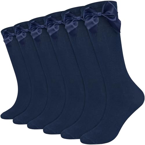 Image of ouhos 3 Pairs Girls Knee High School Socks with Ribbon Bow, Kids Cotton Rich Plain Long School Uniform Socks, Back to School & Party Wear, White Black Navy Blue, Ages 5-12 Years