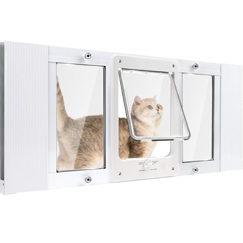 Full-Size Window Pet Door for Cats & Small Dogs, Fits 24"-28" Width Windows, No Damage Cat Door for Window, Lockable Window Mount Cat Door, Weatherproof Cat Door Window Insert Horizontal