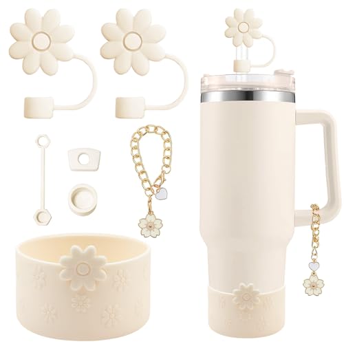 Hpebl 7Pcs Cup Accessories for Stanely Cups 40&30oz Cream Flower Silicone Boot Straw Covers Toppers 10mm(0.4in) Silicone Spill-Proof Stopper Set Handle Charm for Stanely Tumbler Accessorises