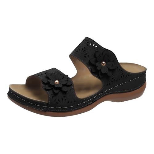 Pumps Sandalias Mujer con Tacón Plataforma Slides Peep Toe Zapatos de Playa Cuñas Sandalias Romanas Flores Sandalias Mujer Verano Cómodas Sandalias Mules Antideslizante Zapatillas, Negro , 42 EU