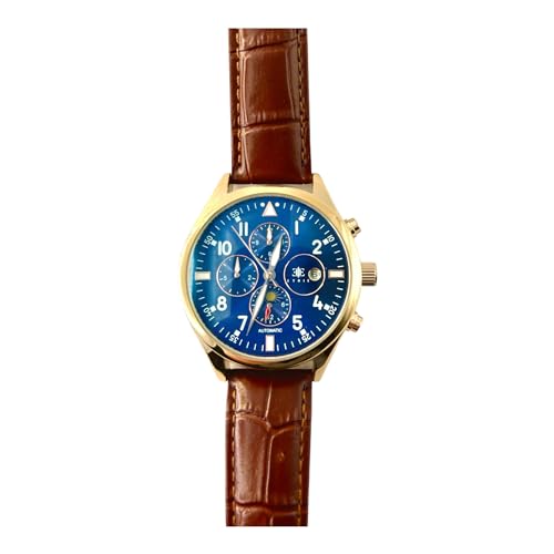 Automatic Brown Leather Strap Watches for Men with Gold Case - Mechanical Blue Dial - Luxury Watch - Analog Watches
