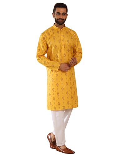 Image of KRAFT INDIA Men's Cotton Blend Geometric Printed Straight Long Regular Kurta and Elastic Waistband Pyjama Set