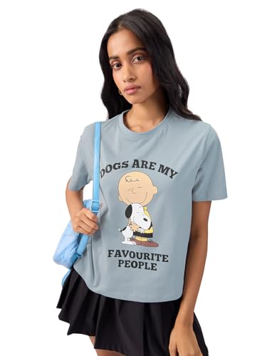 Image of The Souled Store Official Peanuts: Only Dogs Women and Girls Short Sleeves Round Neck Blue Graphic Printed Cotton Relaxed Fit T-Shirts