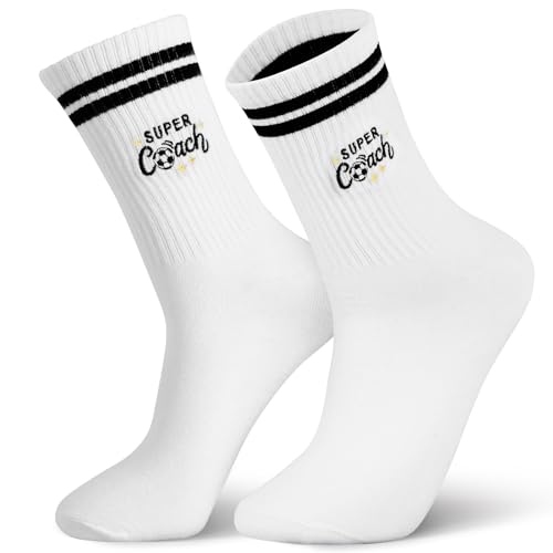 DOORIO Chaussettes Homme Sports de Football Super Coach Cadeau Brodé Socquettes Sports Confortables Blanc Respirant Cadeau Anniversaire Noël pour Coach