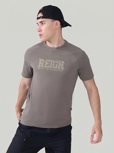 Image of TECHNOSPORT Men's Typography Printed T-Shirt COTFLEX Quick Dry Slim Fit Round Neck Sports Tee for Gym Running Casual Wear UPF50+ Anti Odour