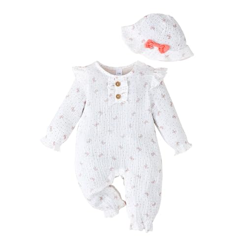 Baby Girls One Piece Romper Jumpsuit Ribbed Knit Floral Print Long Sleeve Newborn Spring Outfits Clothes Set