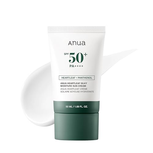 ANUA Heartleaf Silky Moisture Sun Cream SPF 50 PA++++, Korean Sunscreen for Face, Korean Skincare, Korean Makeup Base, Niacinamide, Fragrance Free, Travel Essentials, No White Cast, 50ml /1.69fl.oz
