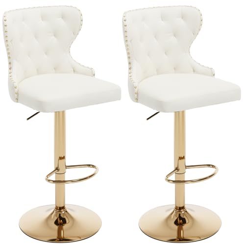 ANTOKA Set of 2 Adjustable Swivel Bar Stools Faux Leather Upholstered Counter Height Chairs with Nailhead Trim Gold Footrest and High Back for Kitchen Island Home Bar Dining Room Cafe White