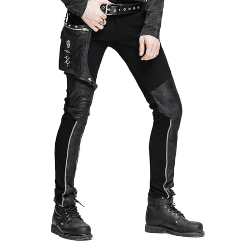 Men Diesel Punk Pants Jeans Black Gothic Punk Faux Leather Hip Bag/Emo
