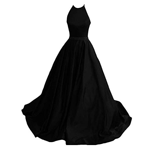 Amazon.com: Women Halter Long Satin Ball Gown Beaded Formal Evening Prom  Dresses Black US 2 : Clothing, Shoes & Jewelry